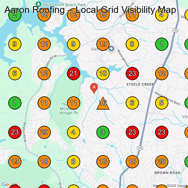 Aaron Roofing Roofing Contractor GeoGrid ranking map for Charlotte NC